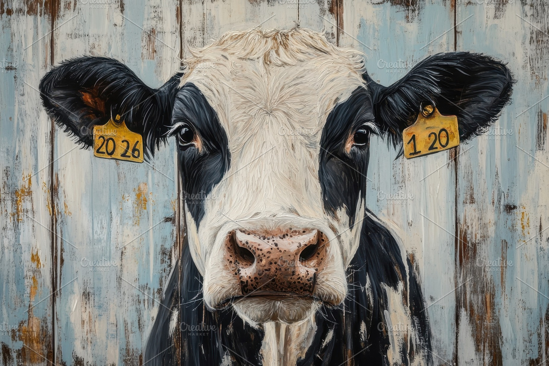 Cow with ear tags in front of rustic, a Photo by Iftikhar Alam
