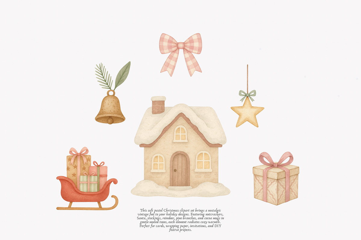 vintage pastel christmas clipart set, a Decorative Illustration by Patishop Art (Photo 3 of 9)