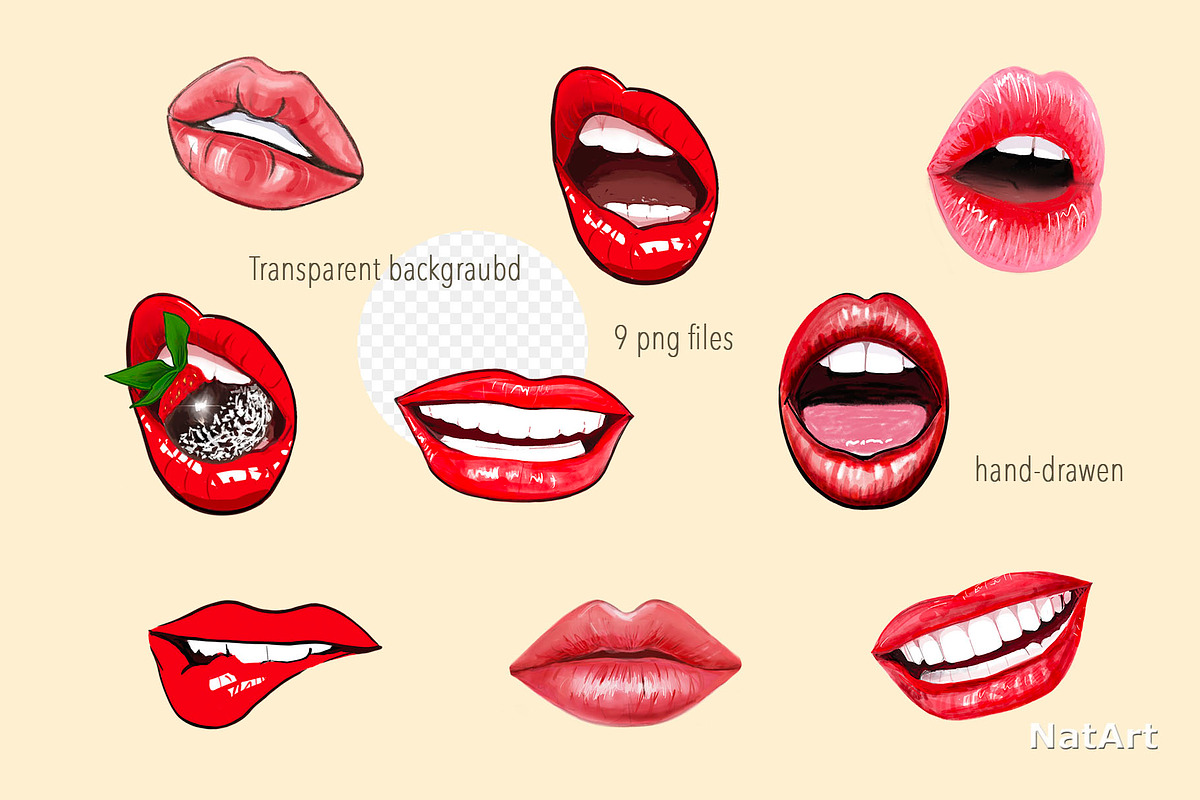 Sexy Red Lips Clipart – PNG Set, a Decorative Illustration by NatArt (Photo 2 of 15)
