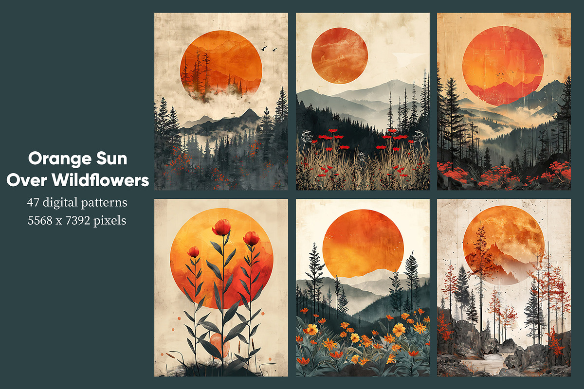 Orange Sun Over Wildflowers, a Decorative Illustration by Housui Patterns (Photo 3 of 8)