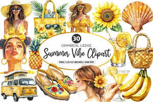 Watercolor Summer Vibe Clipart, an Illustration by SinaCreation