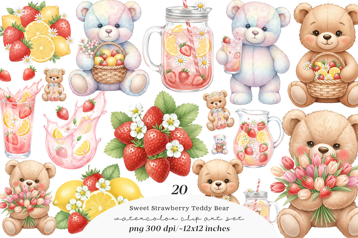 Sweet Strawberry Lemonade Teddy Bear, an Illustration by SinaCreation (Photo 3 of 3)