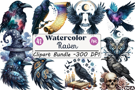 Watercolor Raven Clipart, an Illustration by DreamCafeArt