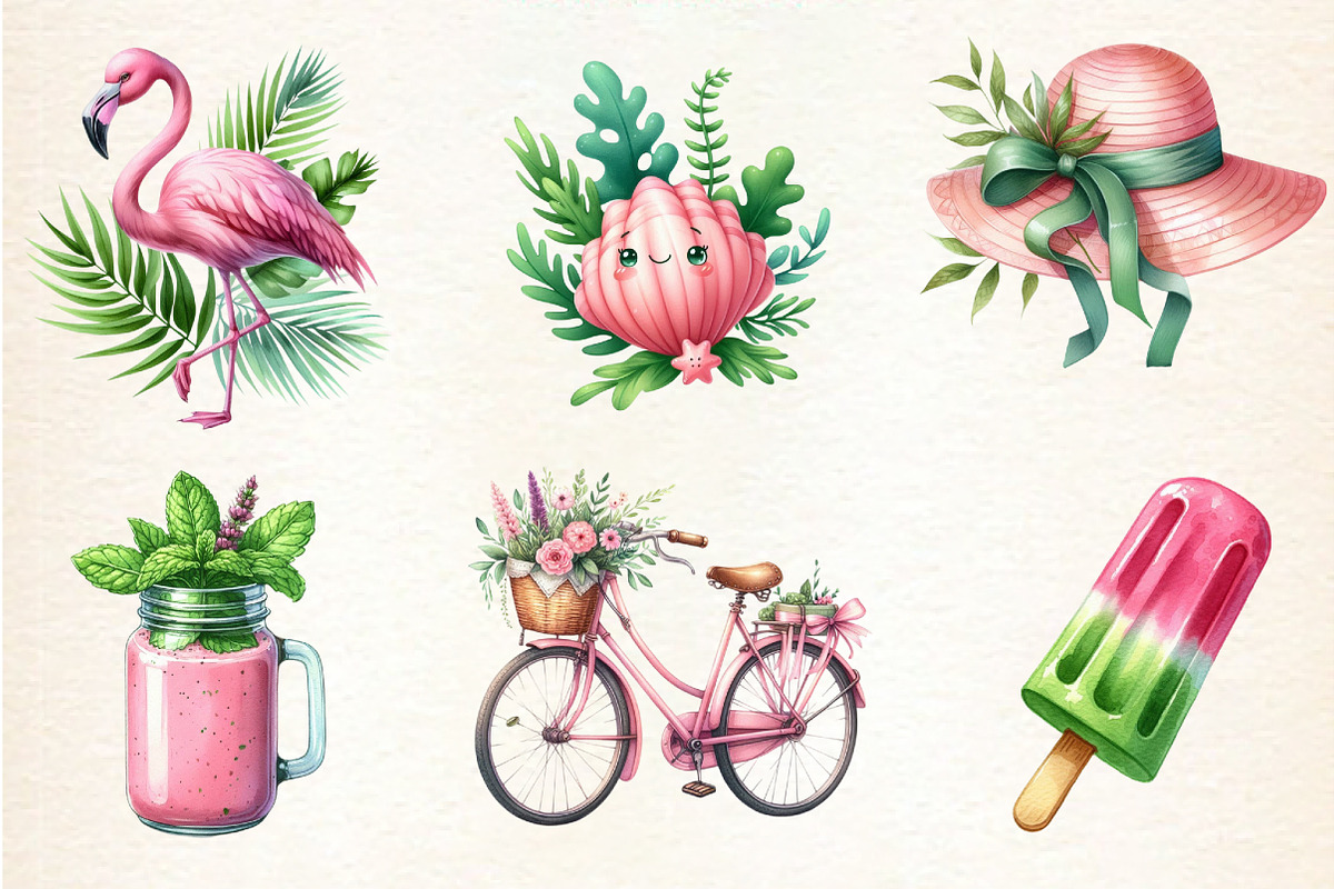 Pink and Green Summer Clipart, an Illustration by DreamArtGraphic (Photo 2 of 4)