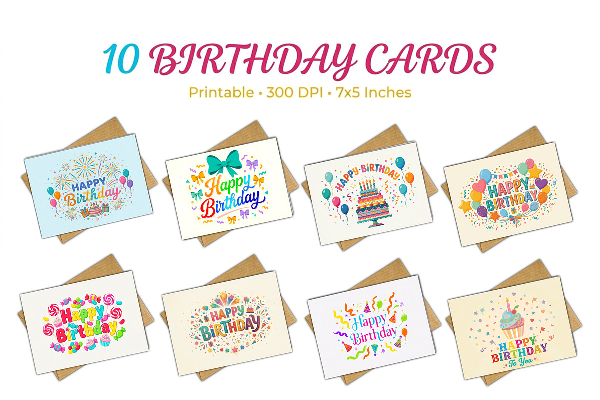 10 Colorful Birthday Cards Bundle, a Card Template by Print Haven (Photo 1 of 3)