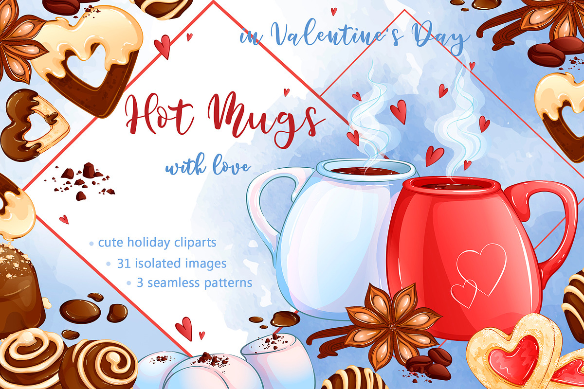 Hot Mugs. Valentine's day clipart, a Food Illustration by Maycat_store (Photo 1 of 6)