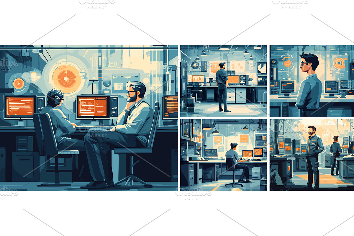 Programists in server room cartoon, a Technology Illustration by Onyx