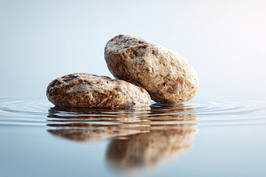 Two rugged rocks rest on the surface of tranquil water, with gentle ripples spr, a Photo by AlyaAnd