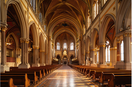Sunlight illuminating the aisle of a, an Architecture Photo by Ylivdesign