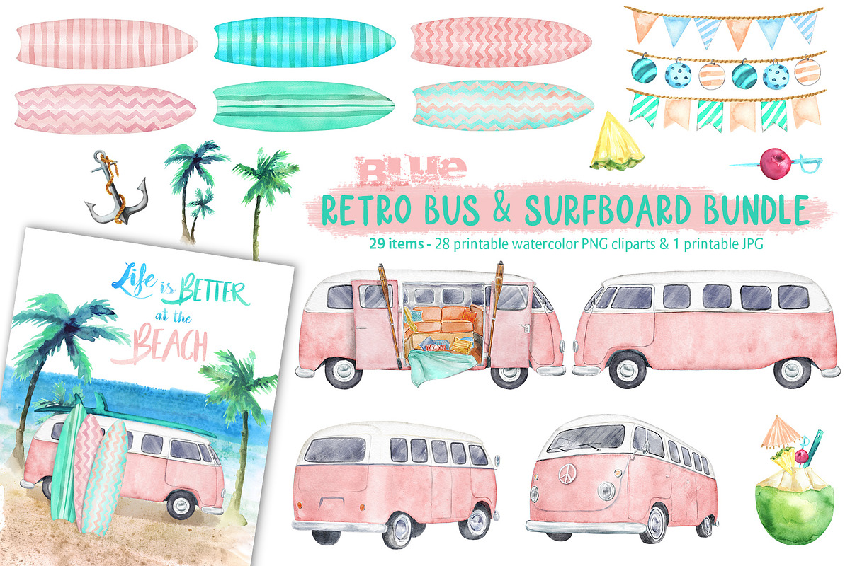 Pink Retro Bus & Surfboard Clipart, an Illustration by Dora Katona (Photo 1 of 4)