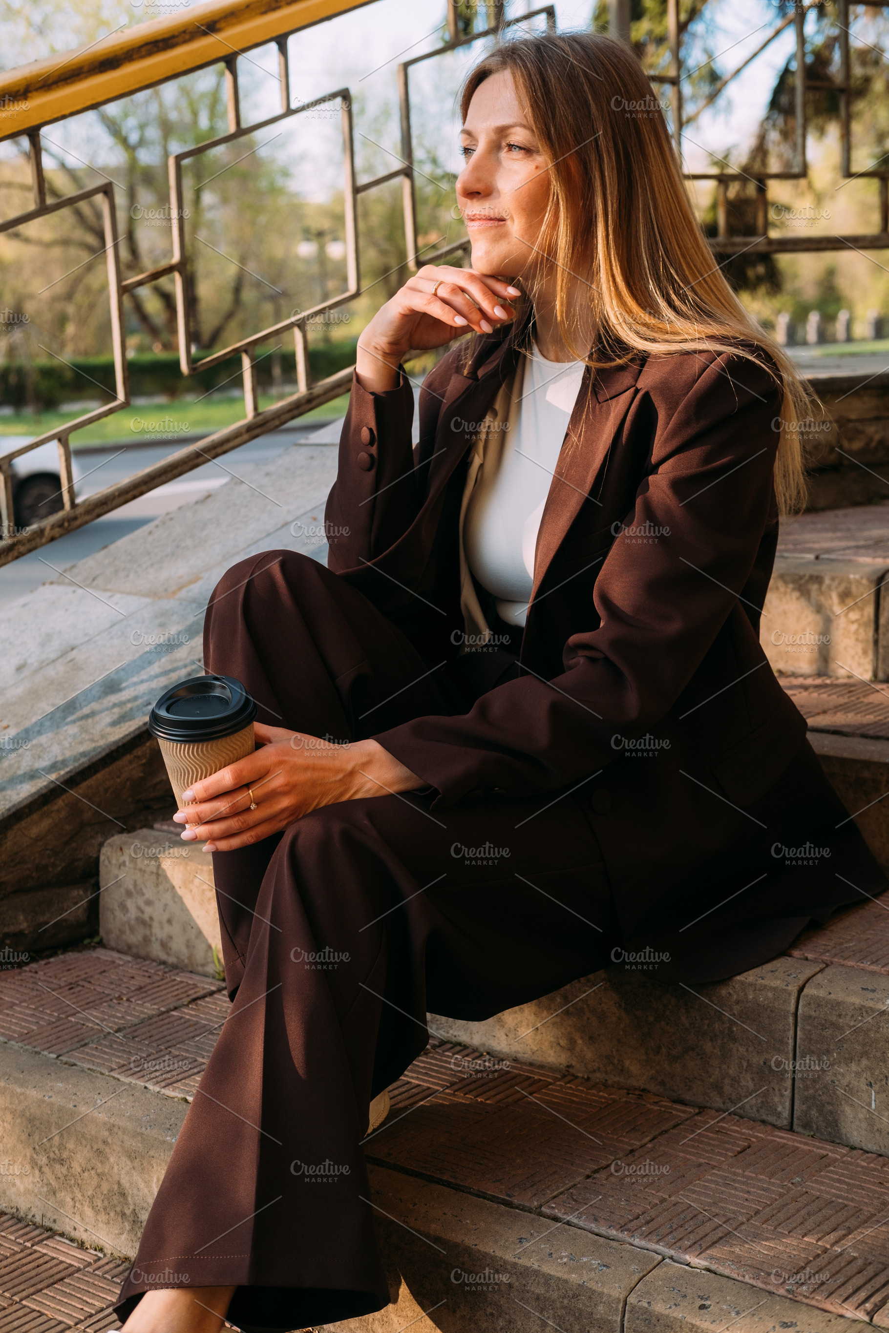 Outdoor contemplation coffee break pensive woman, a Person Photo by Photo Drive Studio