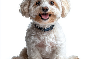 Happy fluffy white dog sitting smile, an Animal Photo by Pixeness Studio