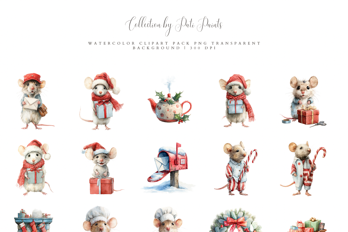 Christmas Mouse Clipart Set, a Decorative Illustration by Pati Paints (Photo 2 of 11)