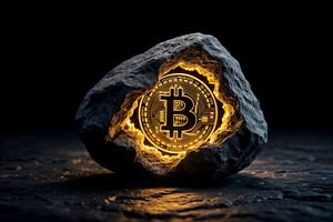 Glowing Bitcoin coin emerging, a 3D by rarrarorro