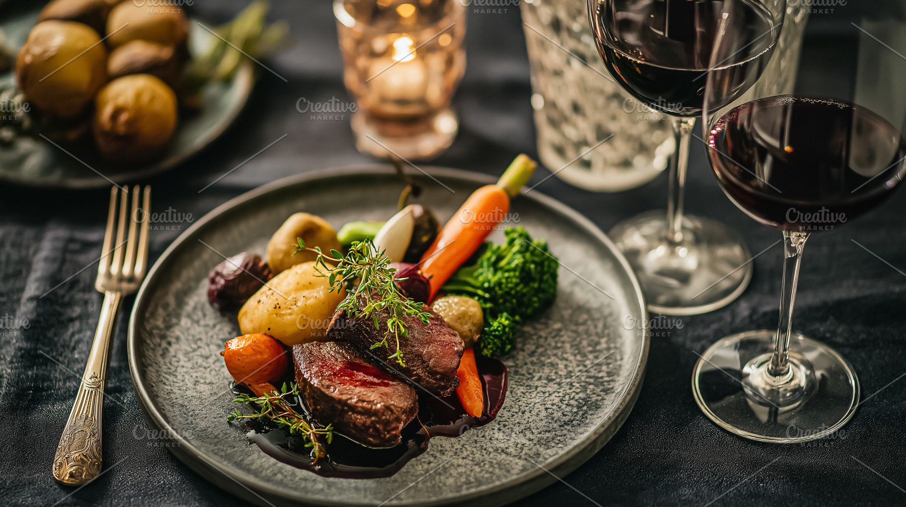 Fine dining venison dish with vegetables and red wine, creating a romantic gour, a Food & Drink Photo by Studio ANNA