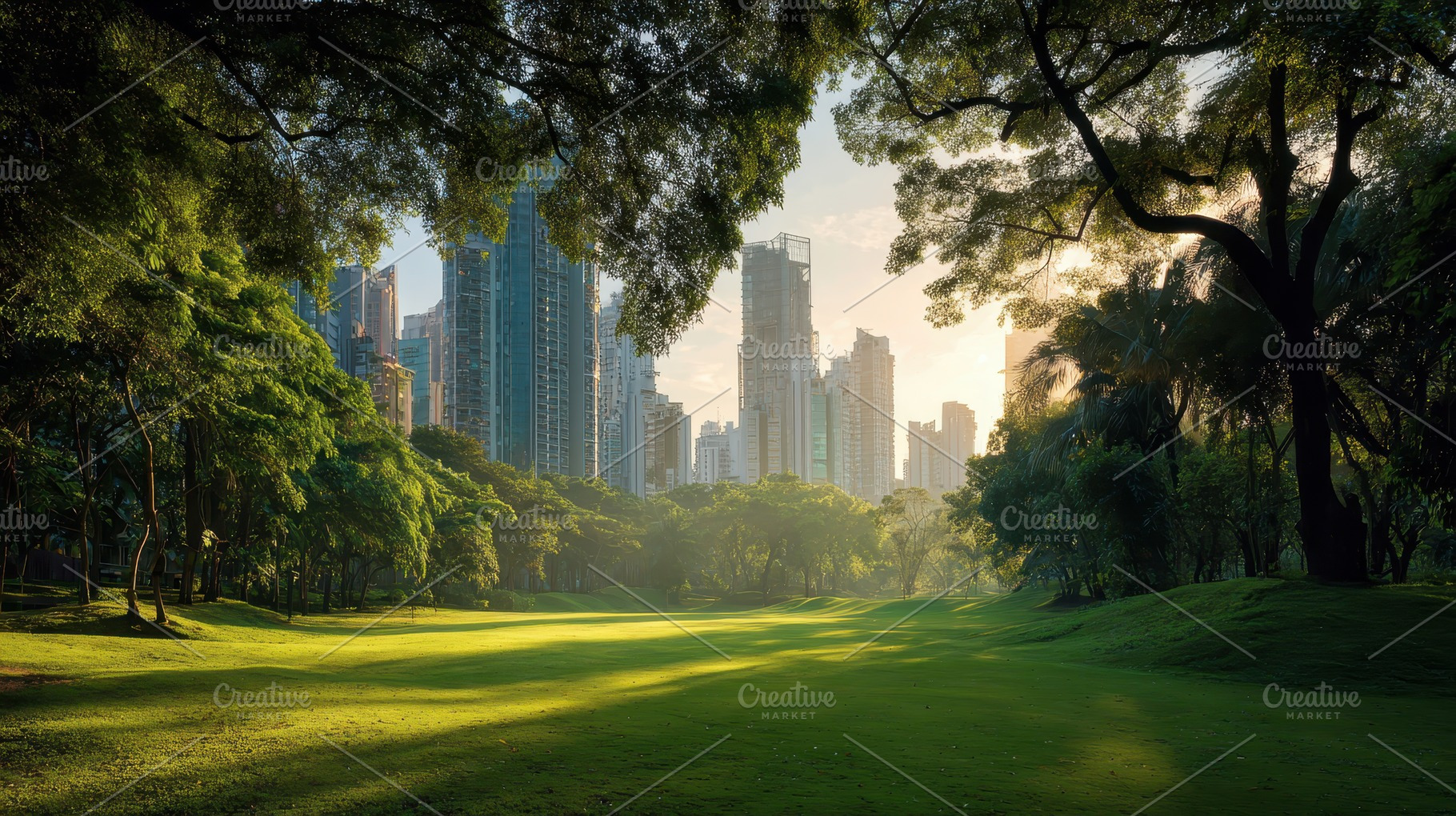 Green urban park with tall buildings, a Photo by Pavel_design