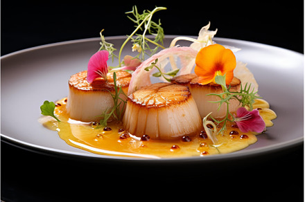Scallop dish served shrimp. Generate, a Food & Drink Photo by Ylivdesign