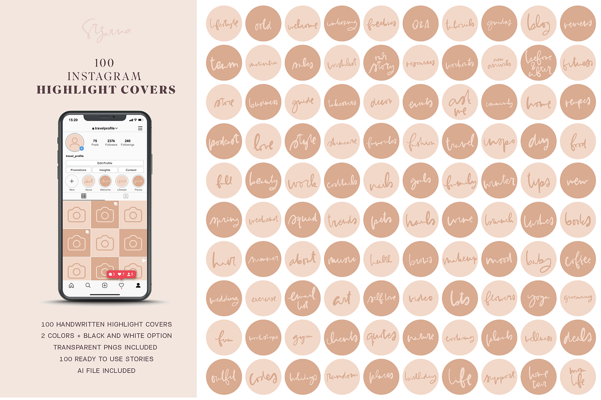 100 Instagram Highlight Covers, a Social Media Template by Stjarna (Photo 1 of 2)