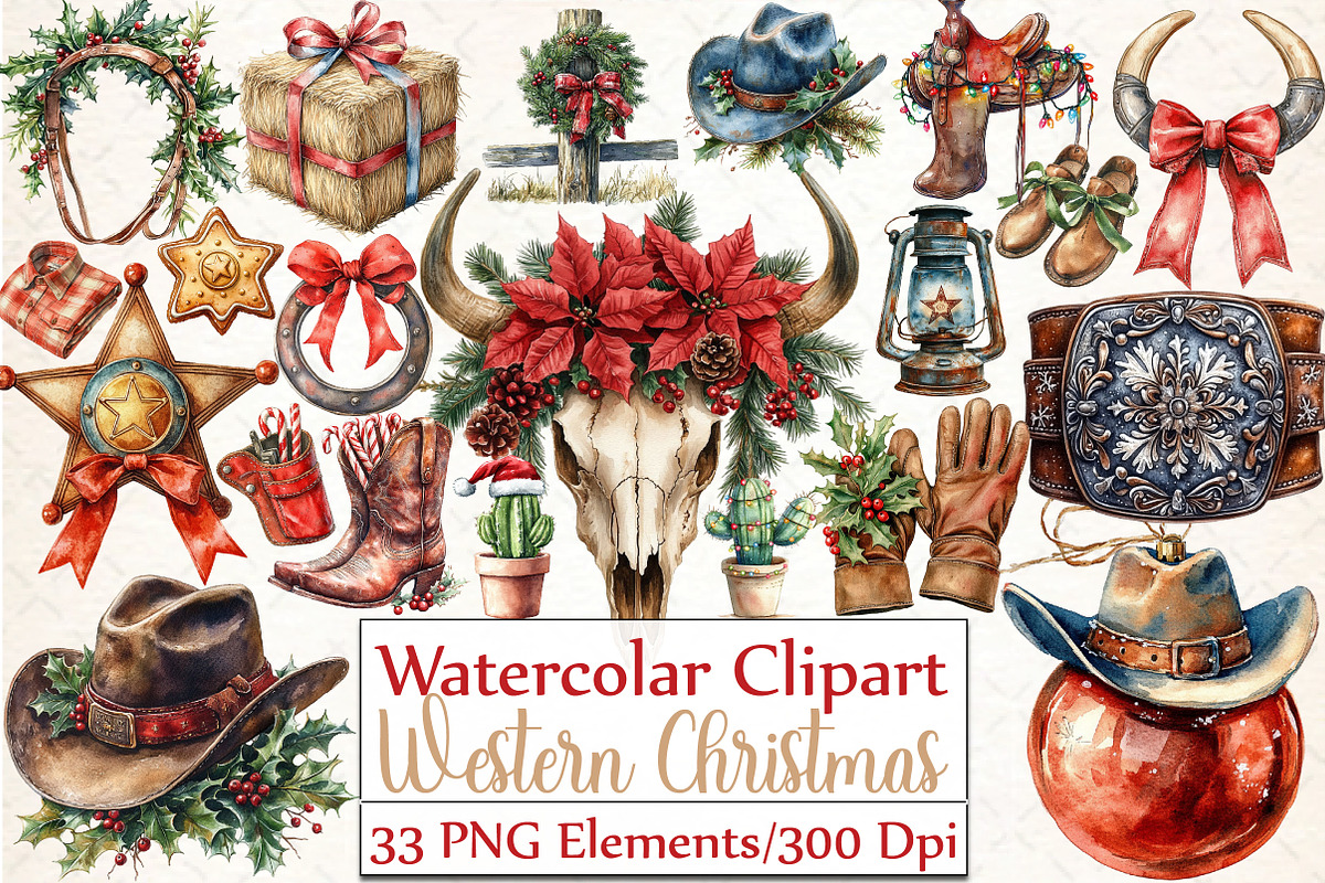 Western Cowboy Christmas Clipart, an Illustration by DreamCafeArt (Photo 1 of 5)
