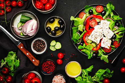 Greek salad with feta cheese, olives, cherry tomato, paprika, cu, a Food & Drink Photo by 5PH