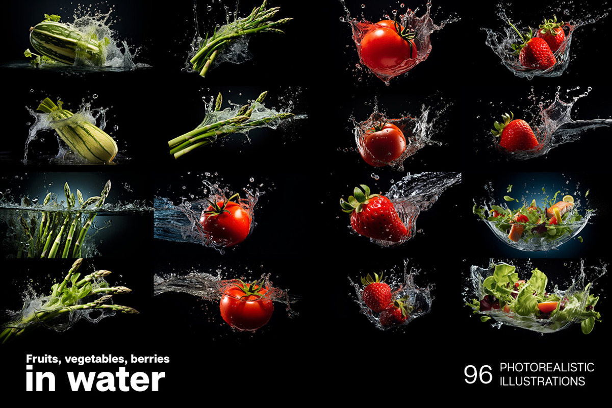 Fruits and vegetables in water, an Object Graphic by Handmadefont (Photo 5 of 11)