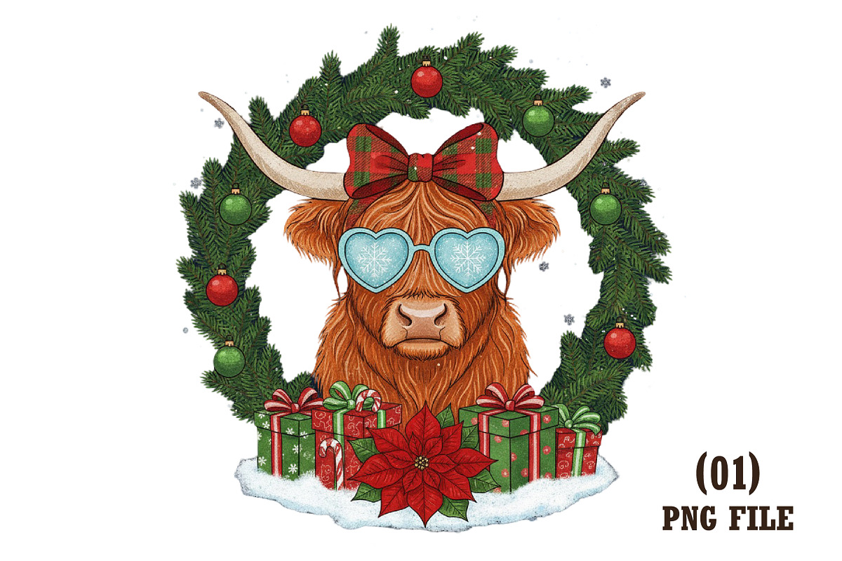 Christmas Highland Cow PNG, an Illustration by DreamArtGraphic (Photo 1 of 6)