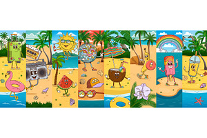 Cartoon groovy travel characters, a Food Illustration by Vector Tradition