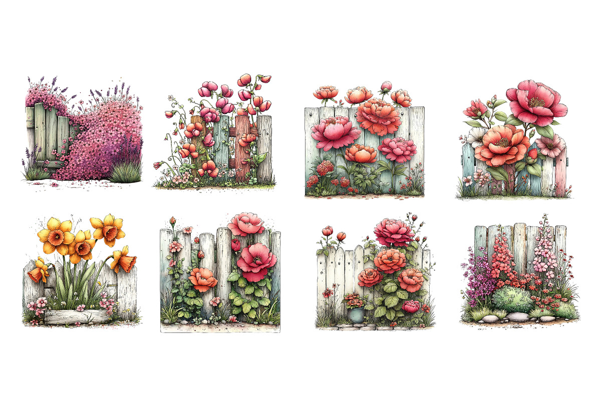 Watercolor Fence Flowers Clipart, an Illustration by Dream Creation (Photo 5 of 5)