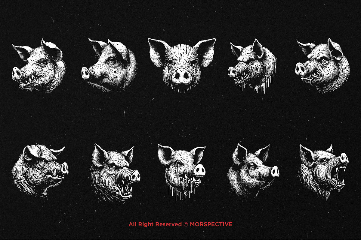 10 Bundle Dark Art Pig Beast Scary, an Illustration by Morspective (Photo 6 of 7)