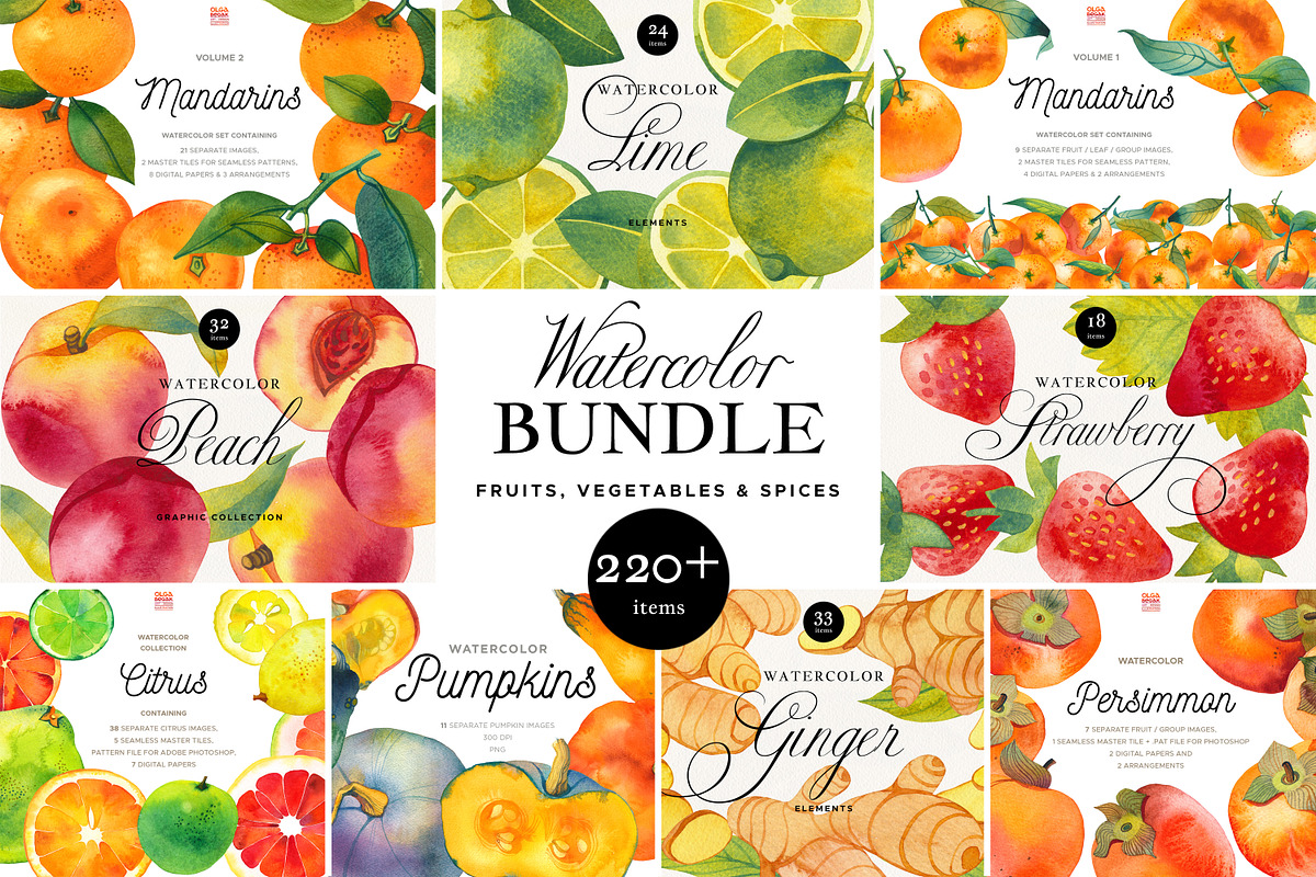 Fruit & Vegetable Watercolor Bundle, a Decorative Illustration by Olga Begak Art & Design (Photo 1 of 13)