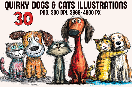 Quirky Dogs & Cats Illustrations, an Animal Illustration by PrintHaven Designs