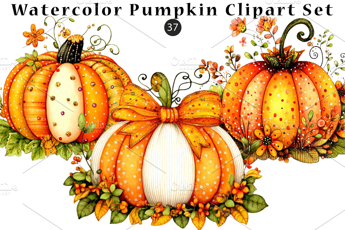Watercolor Pumpkin Clipart Set, a Seasonal Illustration by CreationArt (Photo 1 of 5)