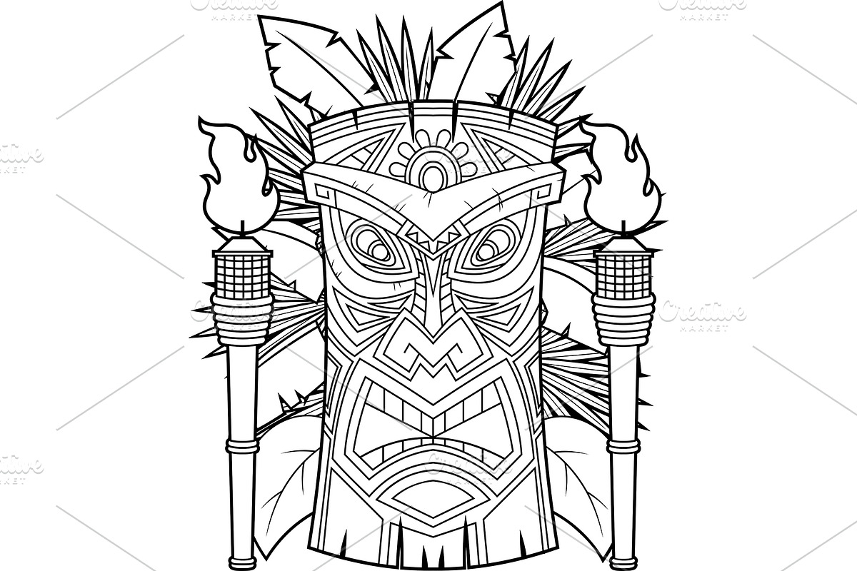 Tiki Mask With Torches Coloring Page, an Illustration by HitToon