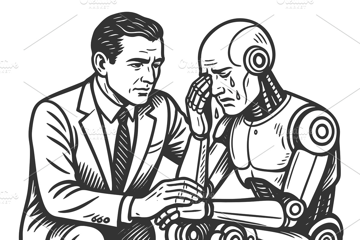 Man Comforting Sad Robot in, a Person Illustration by AlexArt