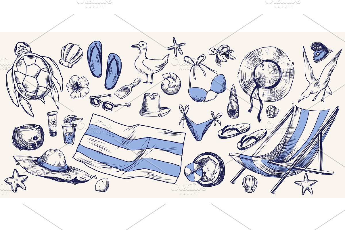 Vintage beach sketch set with, an Illustration by art PVP - market