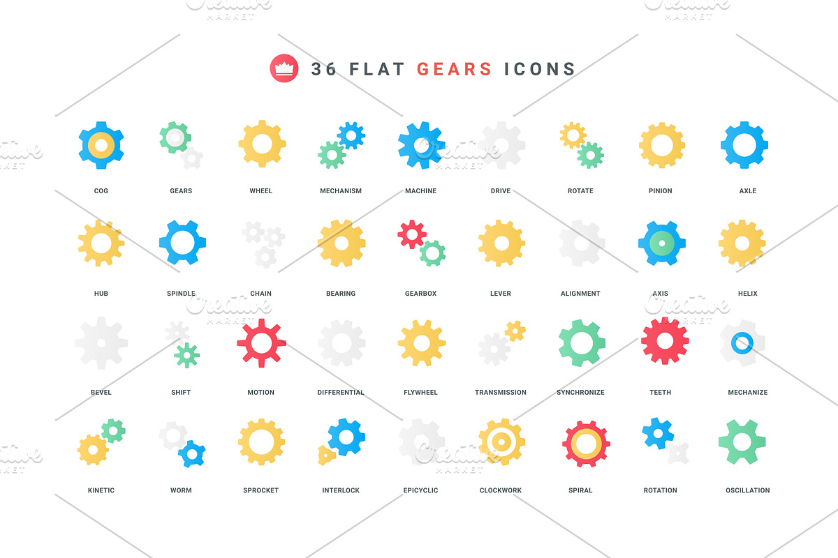 Gears wheels different color icons, an Object Illustration by Lemberg Vector