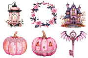 Watercolor Pink Halloween Clipart, a Seasonal Illustration by CitraGraphics (Thumbnail 4 of 7)