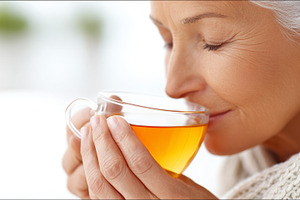 Peaceful senior woman enjoying a tea, a Food & Drink Photo by MistyDay