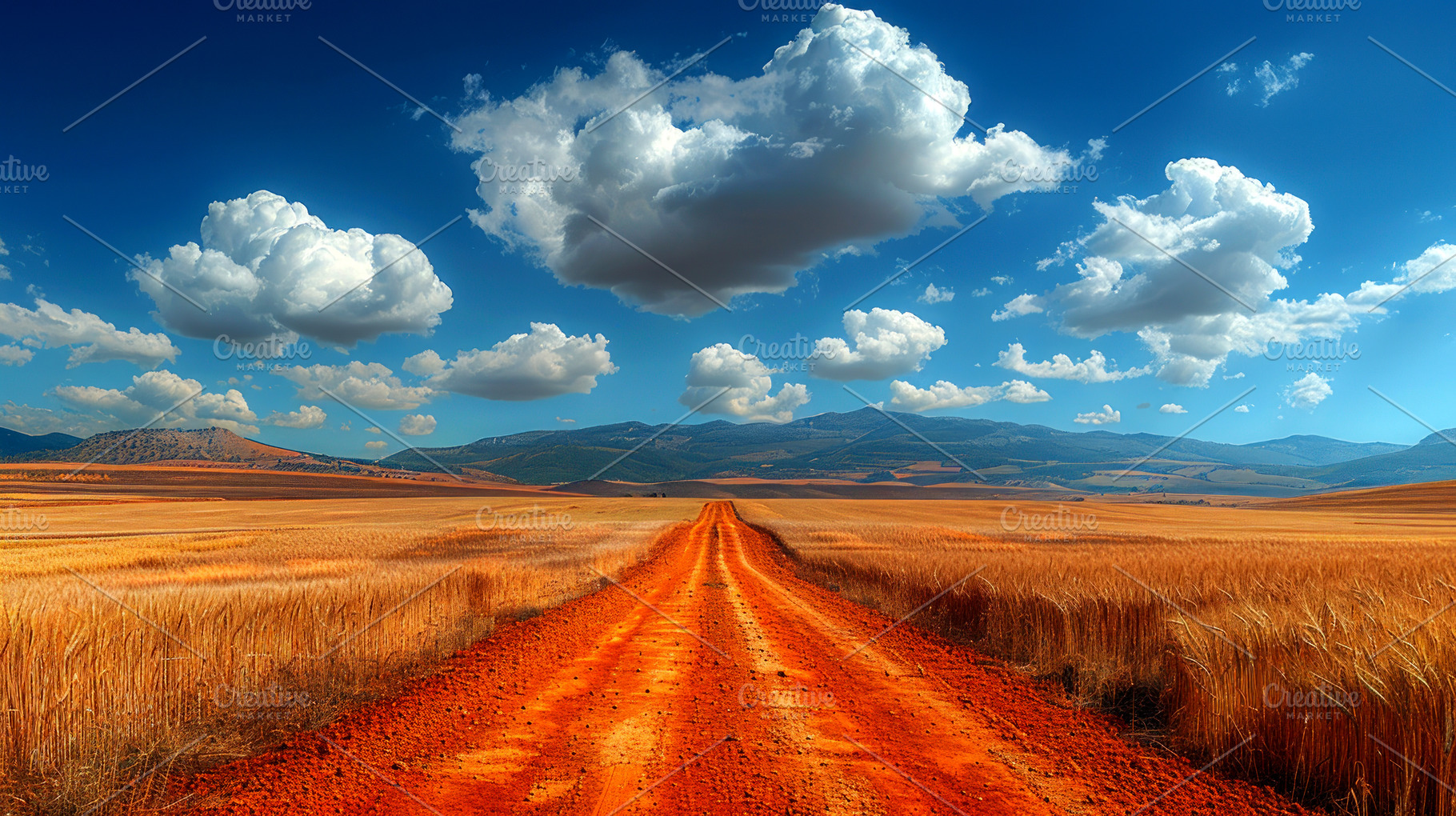 Straight red dirt road through golden wheat field under vivid bl, a Nature Photo by José Manuel Gelpi