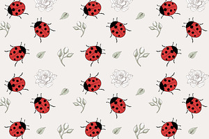 Ladybugs and Roses seamless pattern