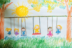 Kids enjoying a sunny day drawing, a Photo by Pavel_design