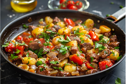 Gnocchi with beef, tomatoes, onions, a Food & Drink Photo by Ylivdesign