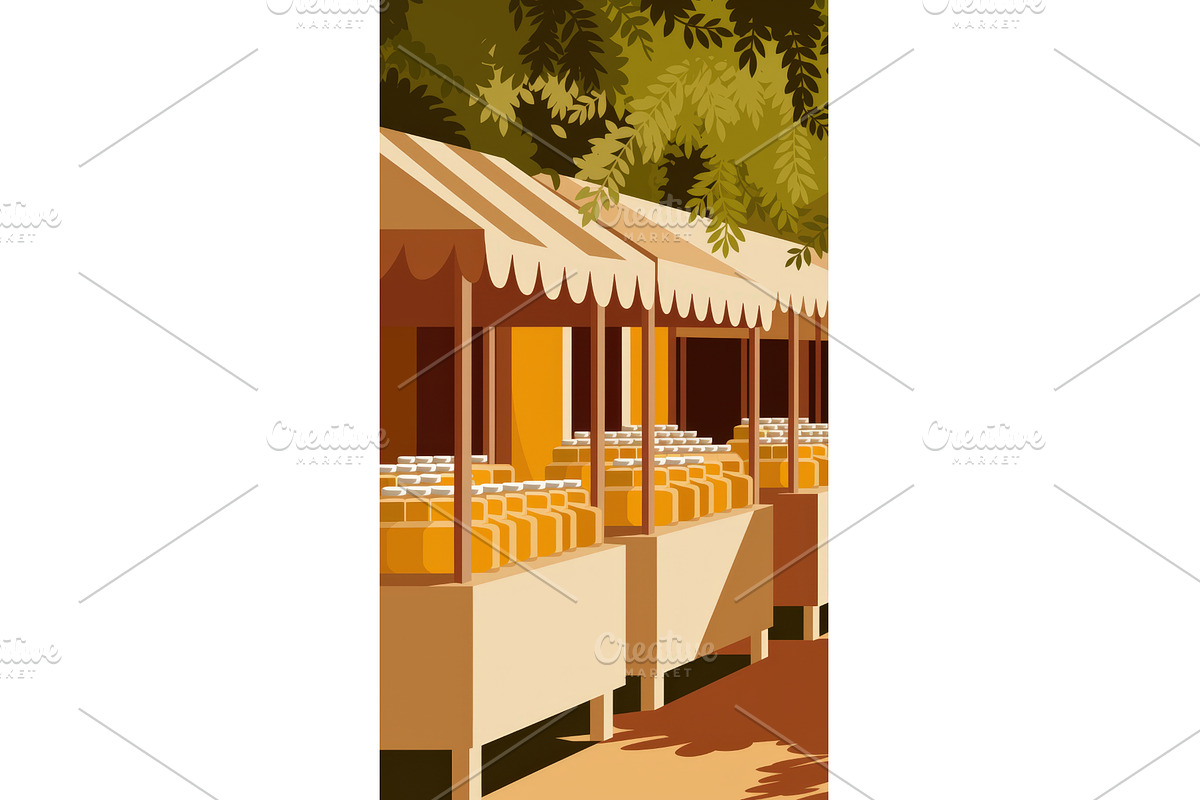 Colorful market stalls with jars of, an Illustration by tilialucida