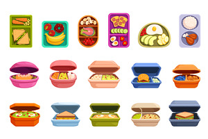 School meals. Cartoon trays from, a Food Illustration by Valerie Bodnar