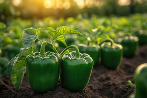 Green bell peppers growing in a sunl, a Photo by Tanuart