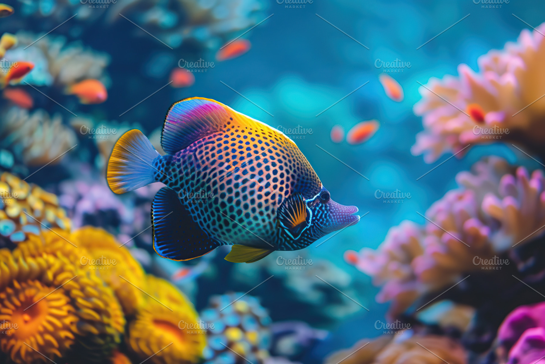 Jaw triggerfish in aquarium with blue water and corals, an Animal Photo by AlyaAnd