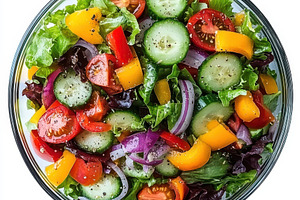 Fresh vegetable salad in glass bowl, a Food & Drink Photo by Pixeness Studio