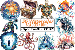 Sea Ocean Boho Clipart, an Illustration by DreamCafeArt
