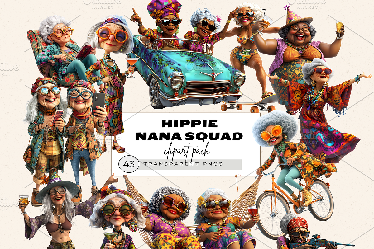 HIPPIE OLD LADY NANA CLIPART PACK, a Person Illustration by Daring Digies (Photo 1 of 9)