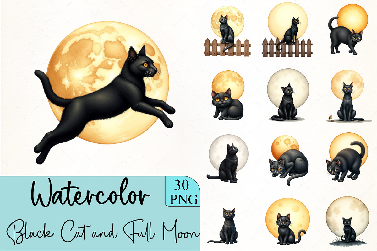 Black Cat and Full Moon Clipart, an Illustration by CrexoraLab (Photo 1 of 5)